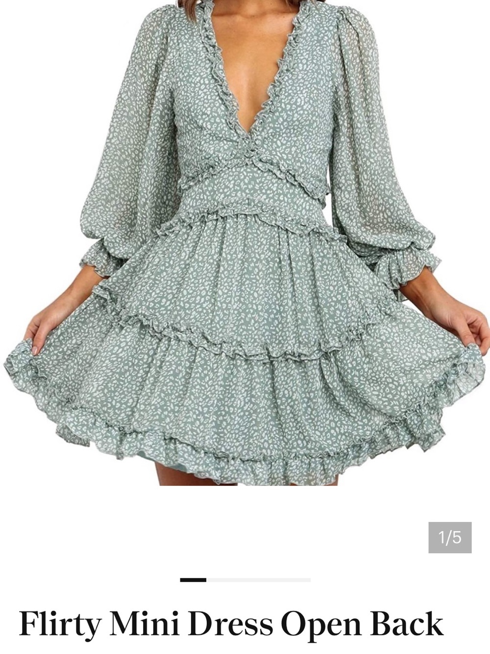 NWT Sucrefas Ruffled V-Neck Mini Dress in Sage Green with Open Back. Size Medium